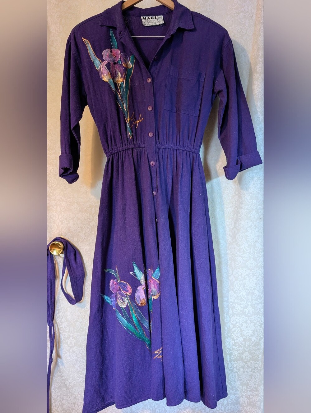 HARI Cotton Dress Sz. Small Purple With Painted Floral Detail.